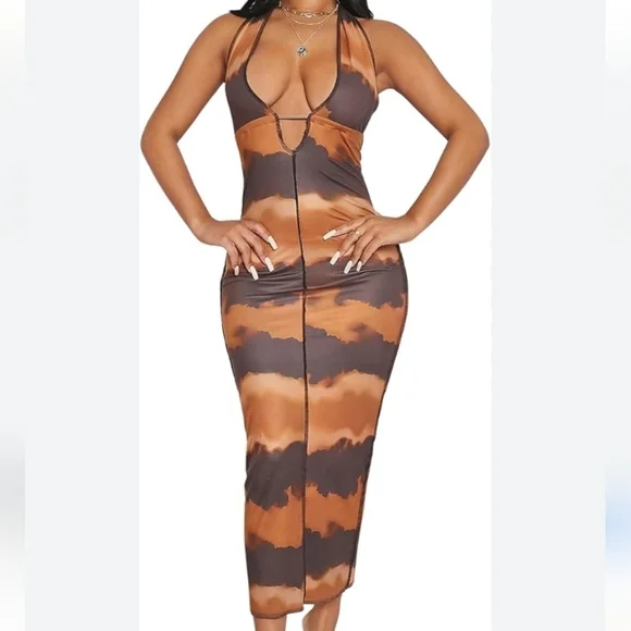 Brown and Black Tie-Dye Bodycon Dress - Picture 1 of 8